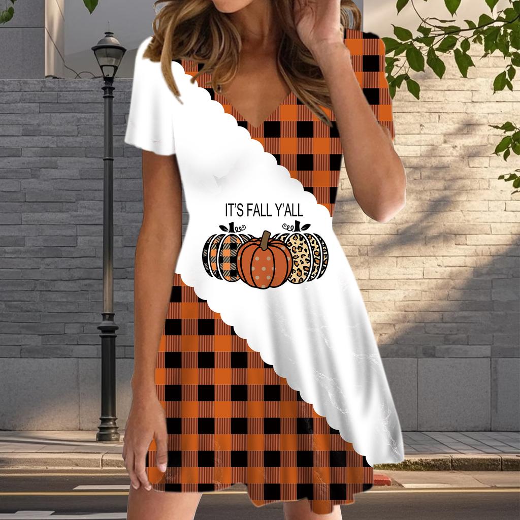 Summer Fashion Women's V Neck Short Sleeve Pumpkin Pattern Printed Dress Sex Short Skirt Dresses