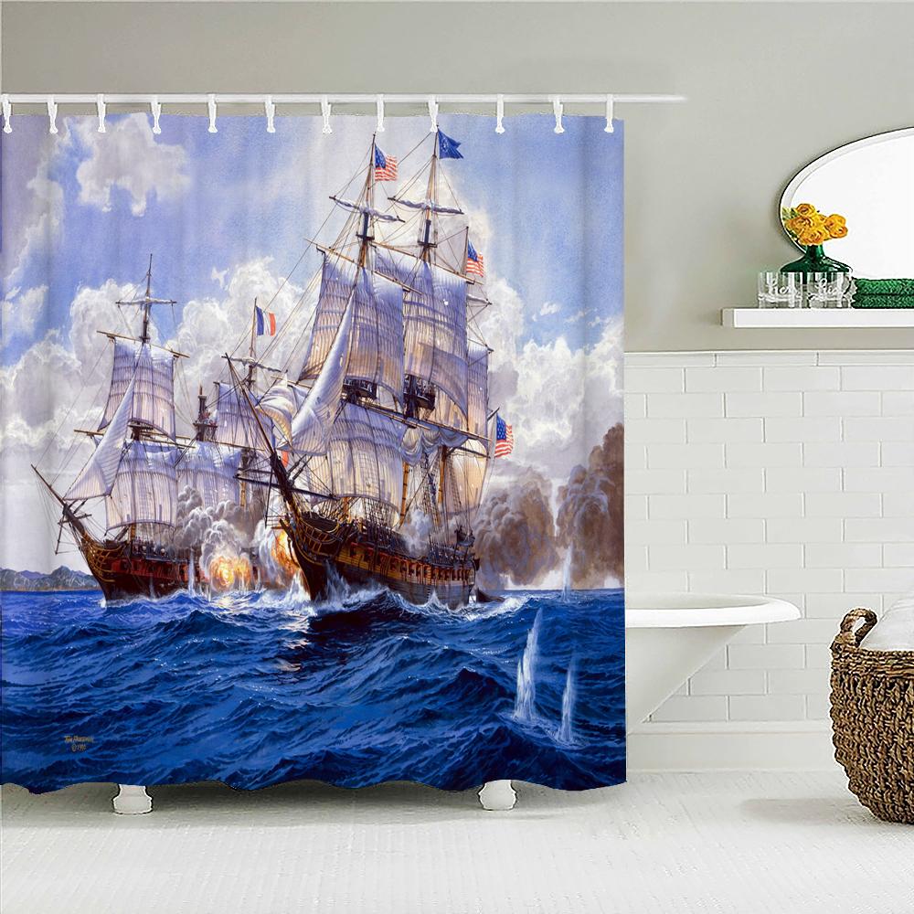 

Old Pirate Ship Sea Shower Curtains 3d Printing Bath Curtain With 12 Hooks Bathroom Waterproof Polyester Cloth Bath Screen W90xH180cm