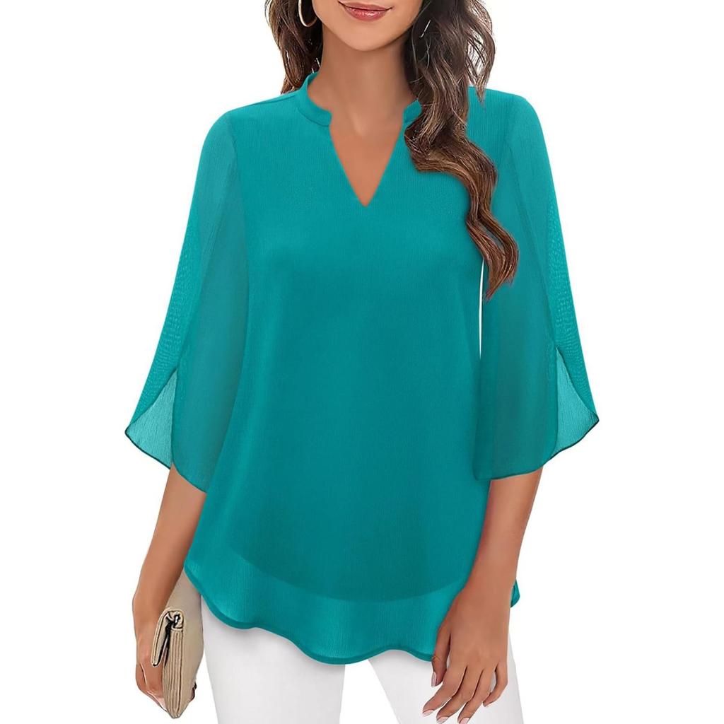 Women's V Neck Half Sleeve Loose Fit Chiffon Blouse Petal Sleeve Casual Top