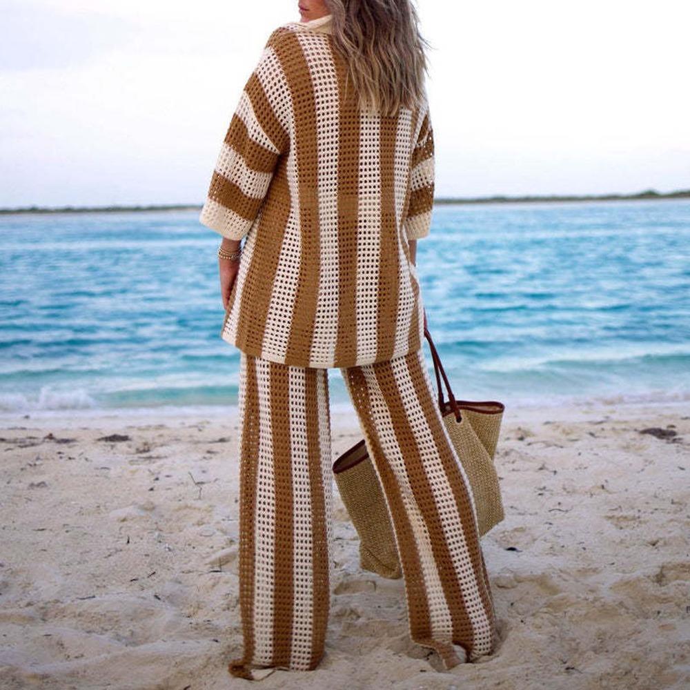 Women's Loose Fit Two Piece Matching Set Three Quarter Sleeve Knit Top High Waist Wide Leg Pants