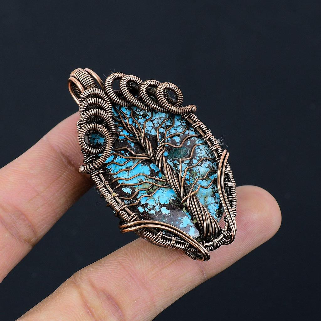 Tibetan Turquoise Pendant, 999 Copper Wire Wrapped Gemstone Jewelry, Handmade Pendant, For Thanksgiving