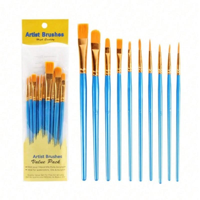 10pcs 2025 New Plastic Handle 10 Pieces Painting Brush Set, Hand Painting, Art Brushes Set / Slight Glue Overflow Is Inevitable