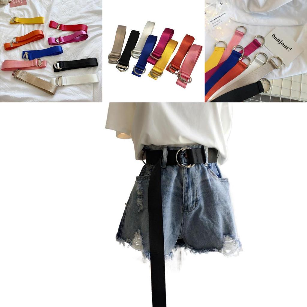 Stylish Korean Candy Color Canvas Double Ring Buckle Long Waist Belt For Men And Women