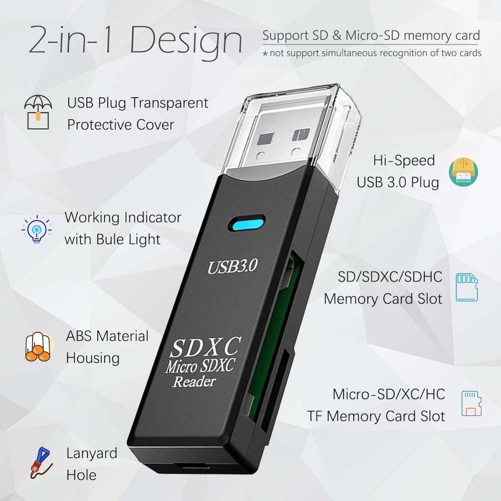 USB3.0 Micro SD Card Reader 5Gbps 2-in-1 SD Card Reader For SDXC SDHC MMC