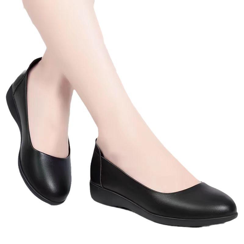 Work Shoes Women's Black Flat-soled Soft-soled Thick-heeled Leather Shoes Professional Work Interview Hotel Non-slip Flight Attendant Comfortable