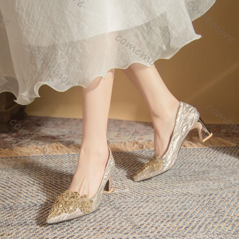 Fashion Comemore High Heel Women's Shoes Temperament Spring Autumn Crystal Silver Champagne Pointed Toe Pumps for Women Party Dress Shoe