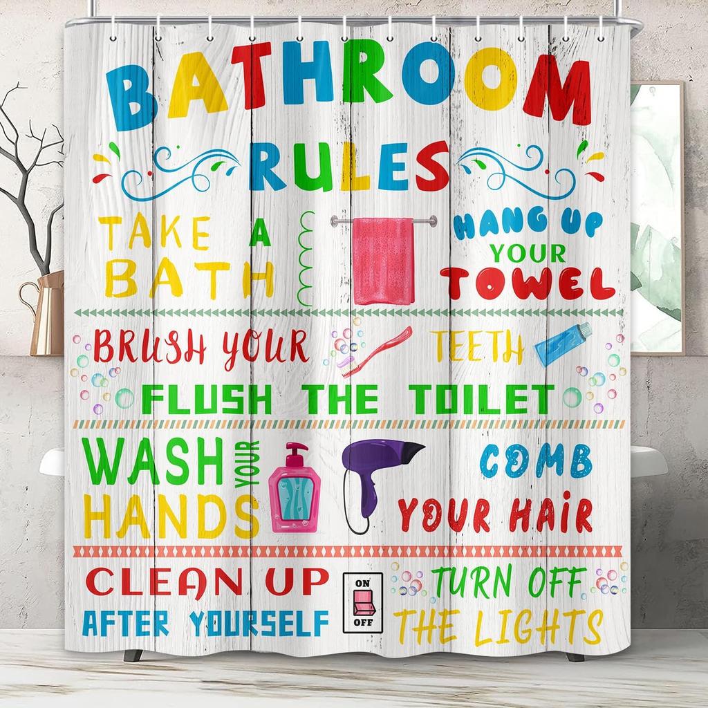 Funny Teen Boy Girl Shower Curtain Set for College Dorm Bathroom, Cute Colorful Bathroom Rules Fabric Shower