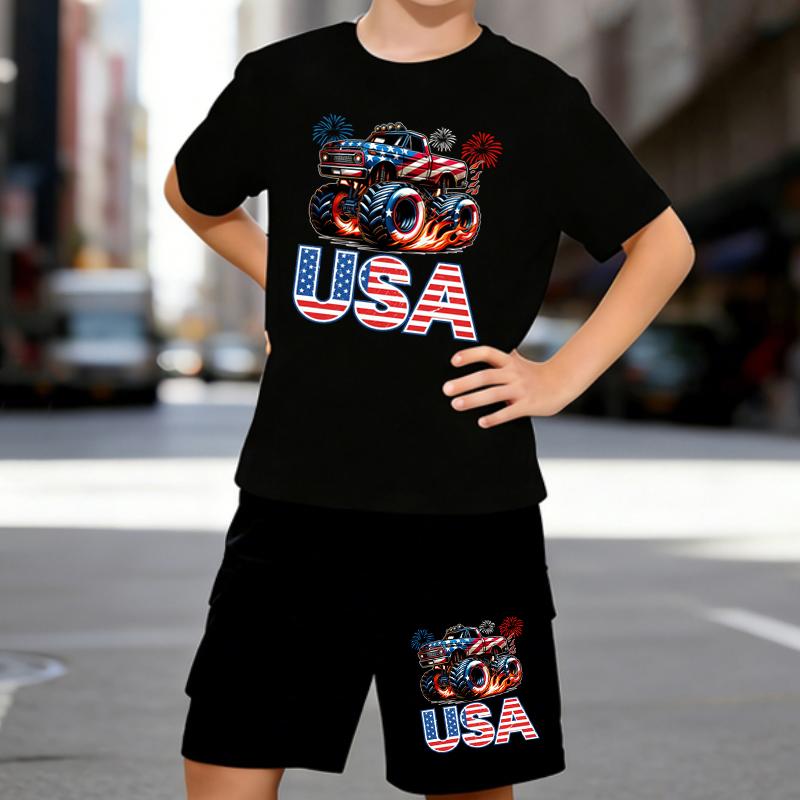 

Boys 2 Piece American Patriotism Printed outfit, Short Sleeve T-Shirt and Shorts Set for Kids Age 5-14,White, Black Sporty Casual Summer Clothes 5-6 Years чёрный
