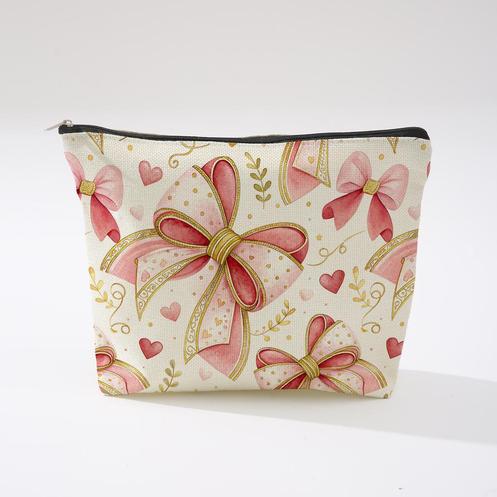 Pink Bowknot Zipper Storage Bag Travel Portable Wash Pouch Student Pencil Case Multi-Purpose Organizer for Women