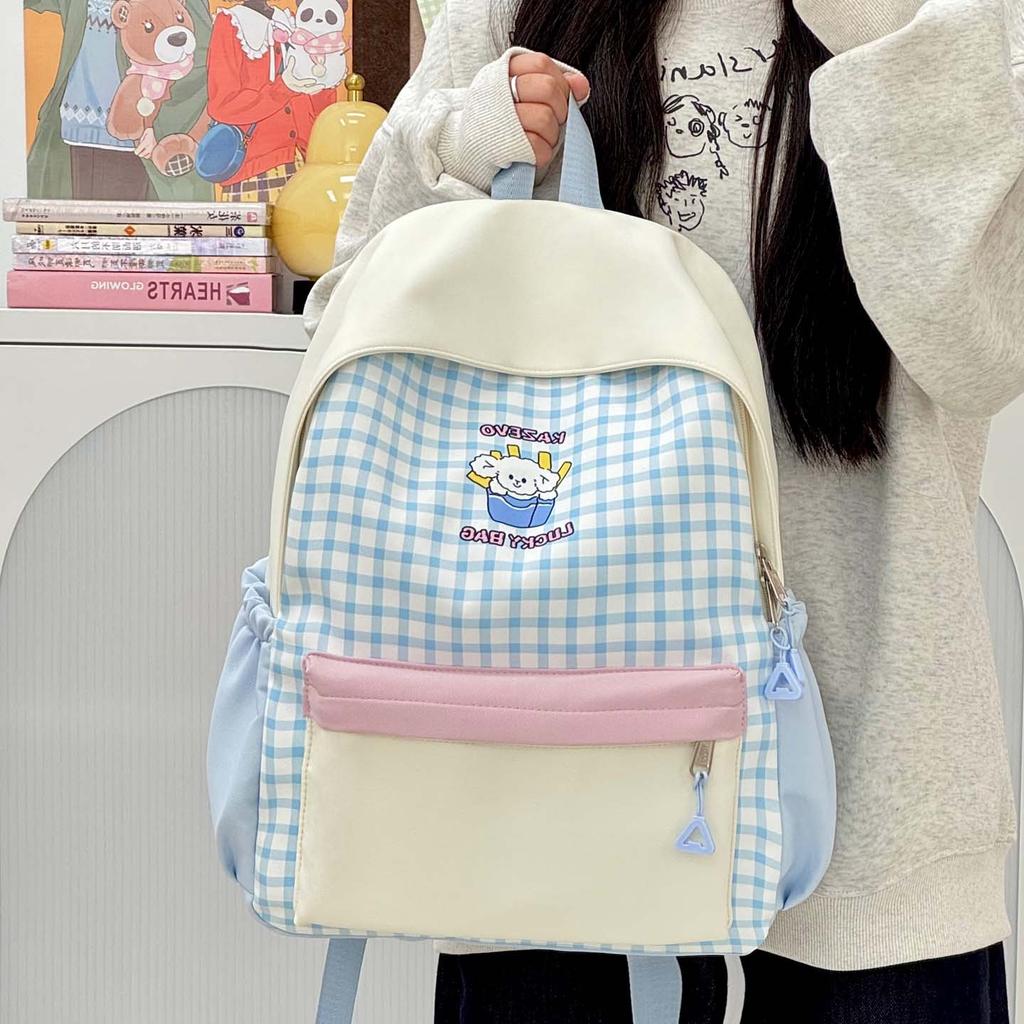 Schoolbag New ins Cartoon Puppy Backpack for Junior High School Students Large Capacity Fashion Versatile Plaid Lightweight Campus Backpack