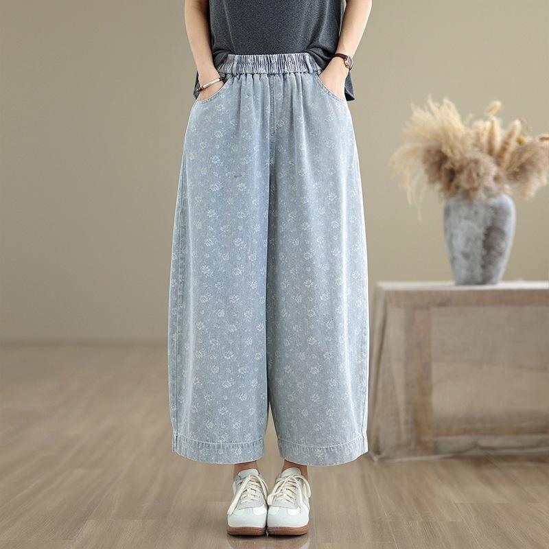 2025 summer new retro new Chinese personalized printed denim wide-leg pants women's loose large size nine-point casual pants