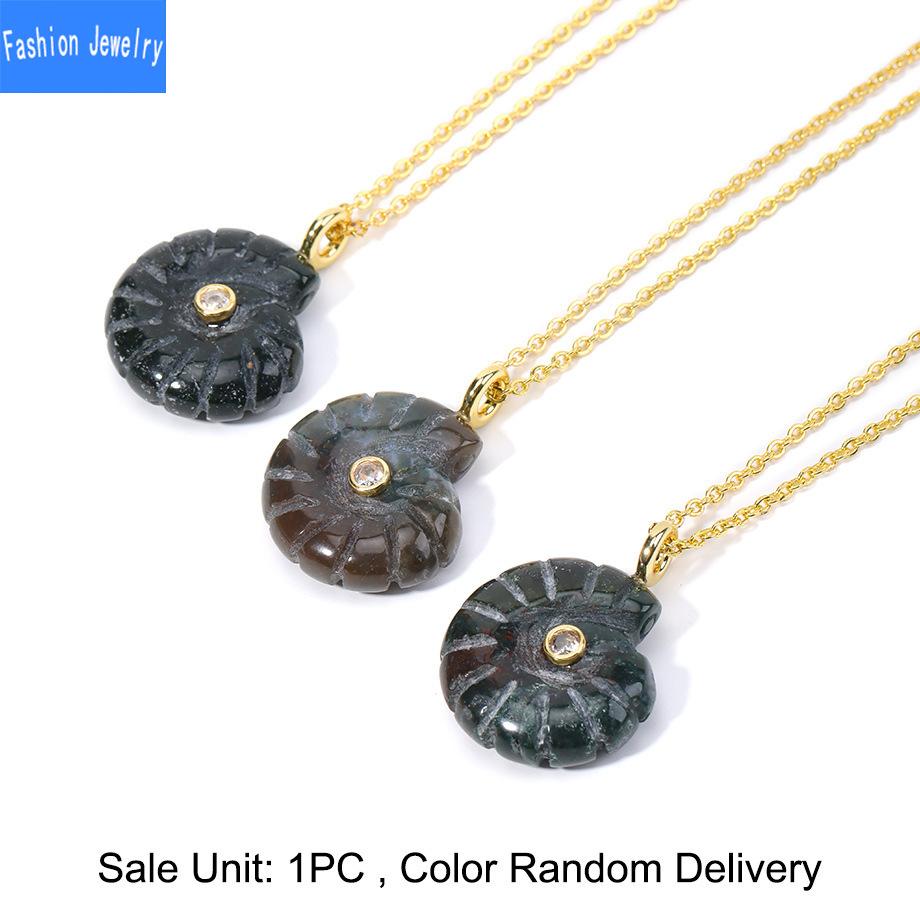 Ocean style carved natural stone conch pendant zircon shell lapis lazuli crystal necklace jewelry