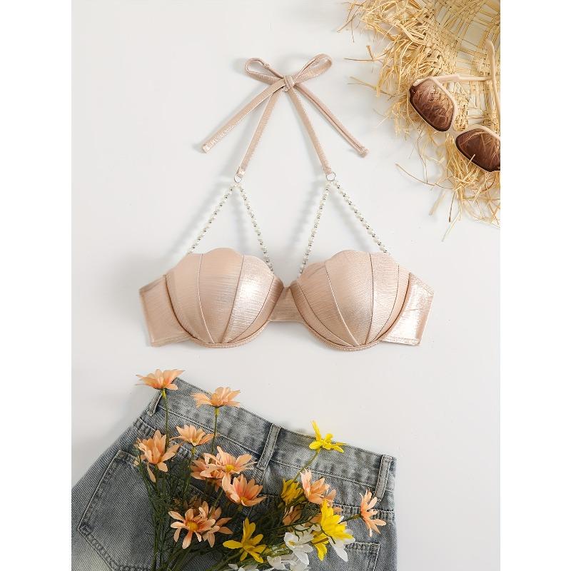 Sexy Petal Bikini Swimsuit Solid Color Petal Cup Pearl Chain Steel Band Bikini Top