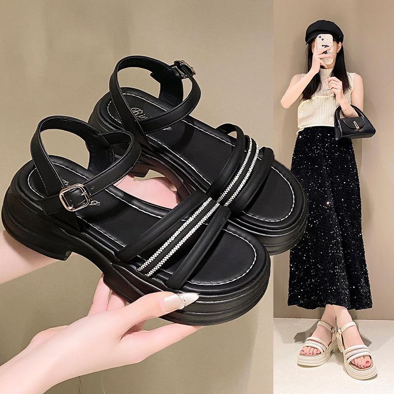 Sommer Dicken Boden Sandalen Weibliche Fee mit Rock Strass Ein Wort Schnalle Riemen Strand Schuhe Weibliche Mode Frauen Sommer Atmungsaktive Schuhe