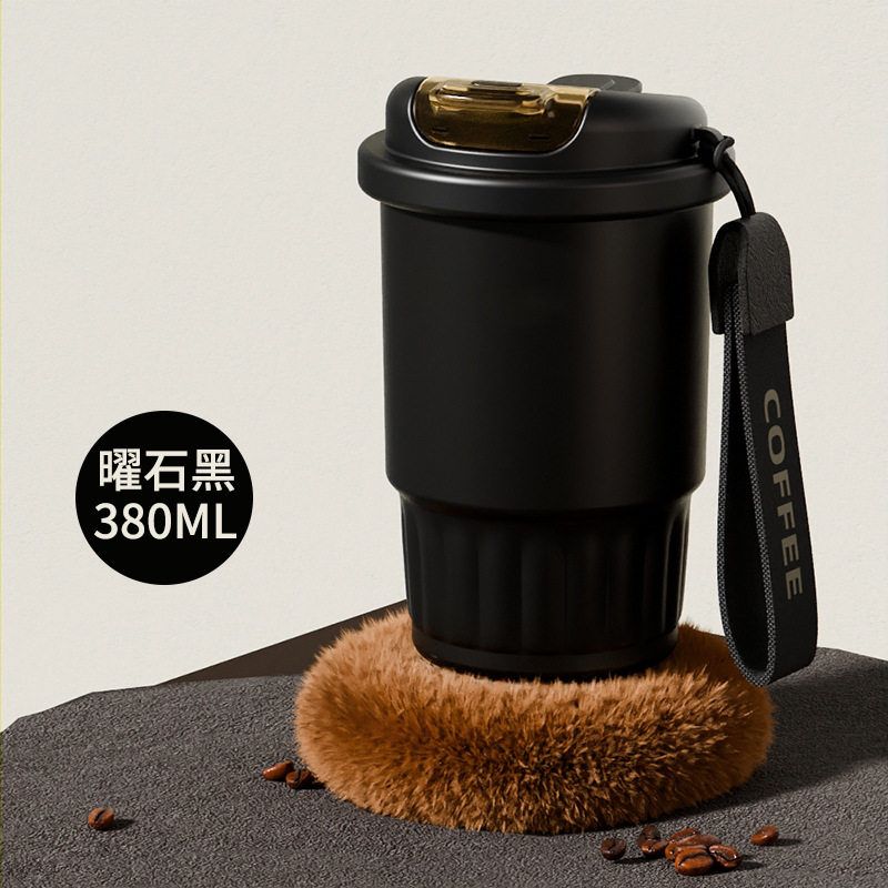 Large-Capacity Thermos Cup for Women, Good-Looking Ice Cup, Portable Car Coffee Cup, Outdoor Sports Water Bottle, Tea Cup Obsidian Black (380Ml+Stainless Steel Liner)