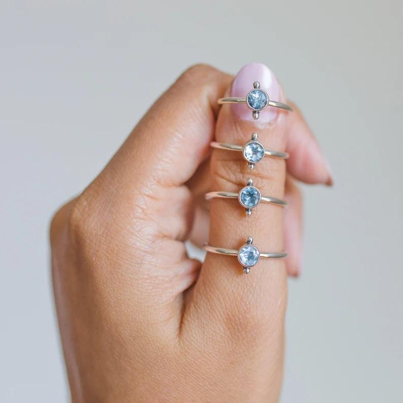 Blue Topaz Round Gemstone Ring, Bezel Ring, Stacking Ring, 92 Silver Ring, Gift For Christmas, Dailywear Ring, Promise Ring