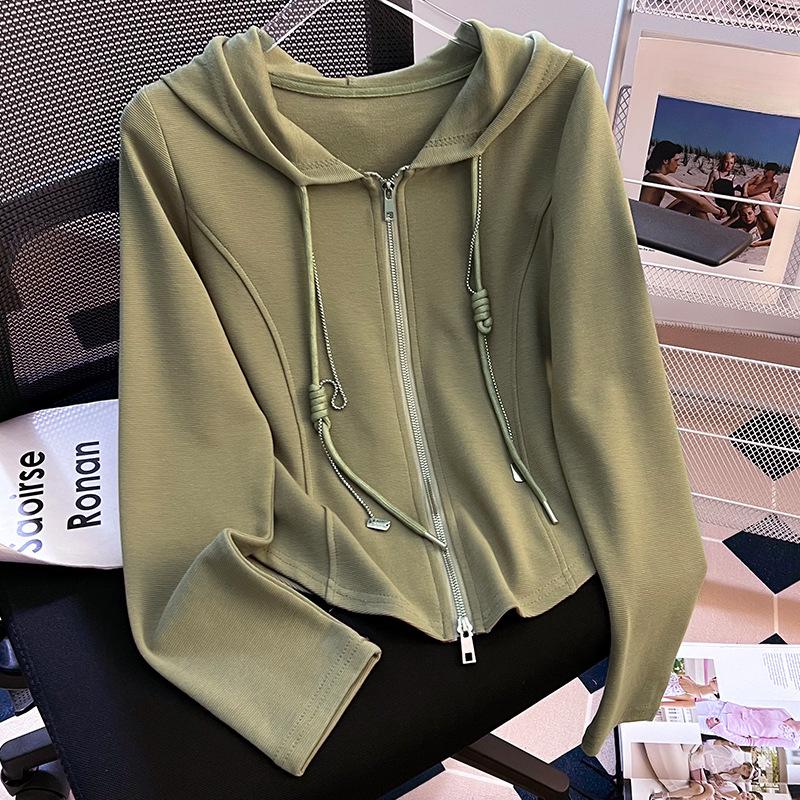 Gray Hooded Sweatshirt for Women Updated Autumn and Winter Thin Versatile Jacket Double Zipper Slim Fit Slim Pullover Top