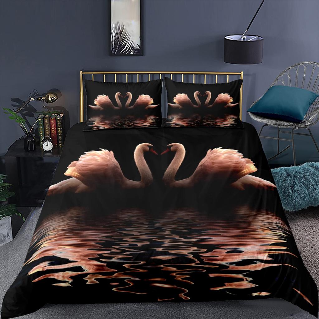 Swan Duvet Cover Black And White Swan Duvet Cover Queen Bird Comforter Cover Microfiber Romantic Flower Wild Animals Quilt Cover