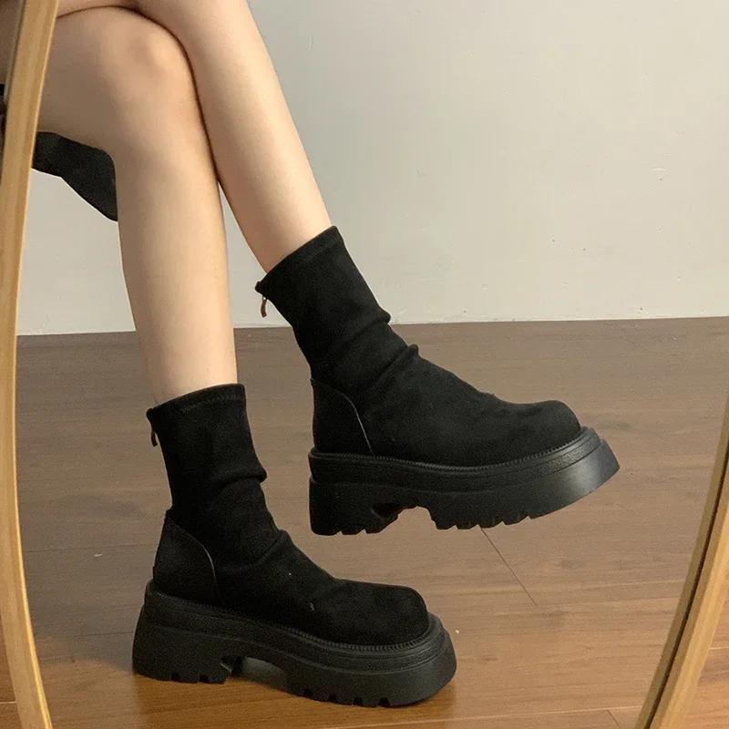 Designer Vintage Women Stretch Modern Boots Fashion Back Zippers Short Booties Ladies Elegant Thick Heel Shoes