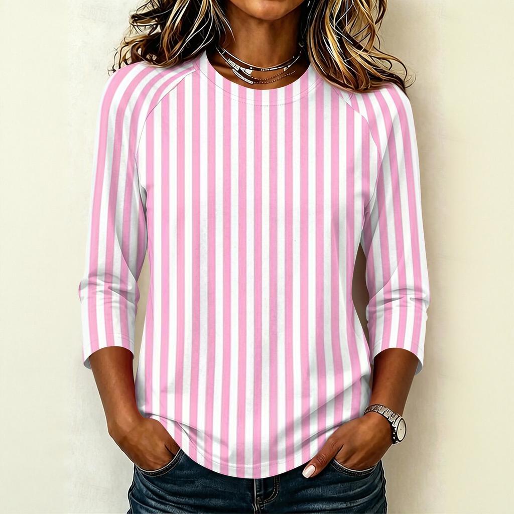 Damen Mode Lässig Bequem Raglanärmel Rundhals Dreiviertelärmel Gestreiftes Muster Pullover T-Shirt Oberteil
