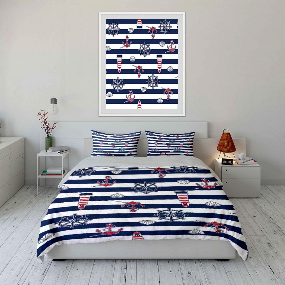 3Pcs Navy Striped Anchor Lighthouse Duvet Cover Set Nautical Wheel Seashell Bedding Single Double King Queen Gift