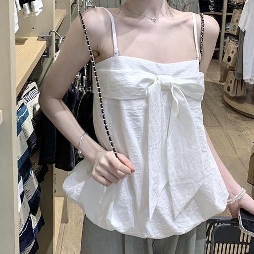 Korean Sweet Style Design Sense Bow Sling Vest Women's Summer New Bud Hem Showing Thin White Top