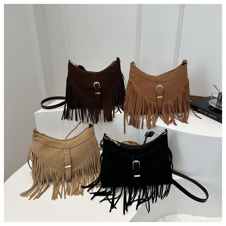 Korean Style Suede Faux Leather Square Bag Tassel Fringe Crossbody Shoulder Purse for Women
