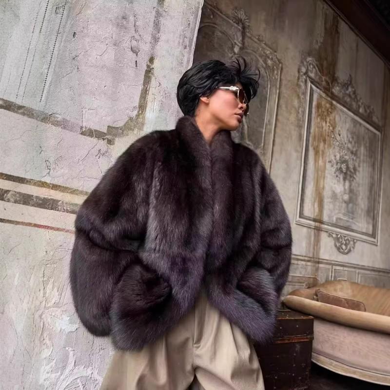 Womens Winter Faux Fur Coat Brown Casual Streetwear Jacket With Lapel Collar Hidden Snap