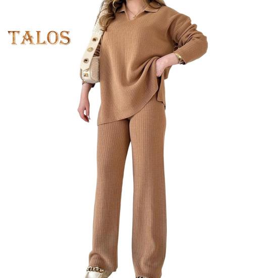 

2 шт./комплект женский трикотажный наряд V-образный вырез длинный рукав топ высокая талия широкие брюки нитки домашняя повседневная одежда пижамный комплект осенне-зимний спортивный костюм комплект L коричневый