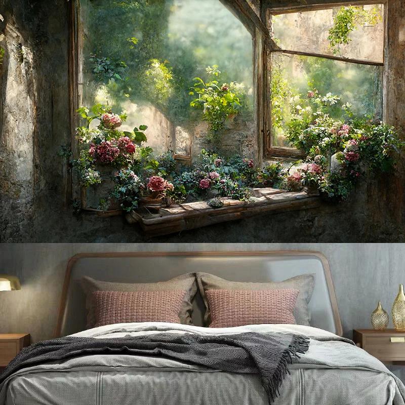 Vintage Garden Window Sill Floral Tapestry Wall Art Decoration Background Cloth Room Aesthetic  Home