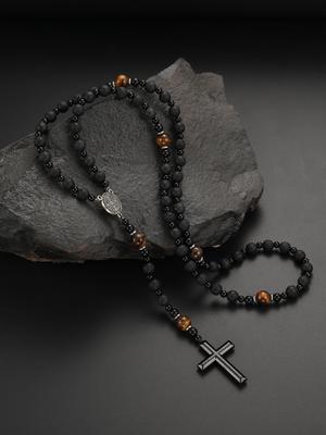 1 Stück Vintage-Stil Schwarzer Perlen-Vulkanstein & Tigerauge Stein Legierung Kreuz Anhänger Halskette, Geeignet für Herren-Alltag