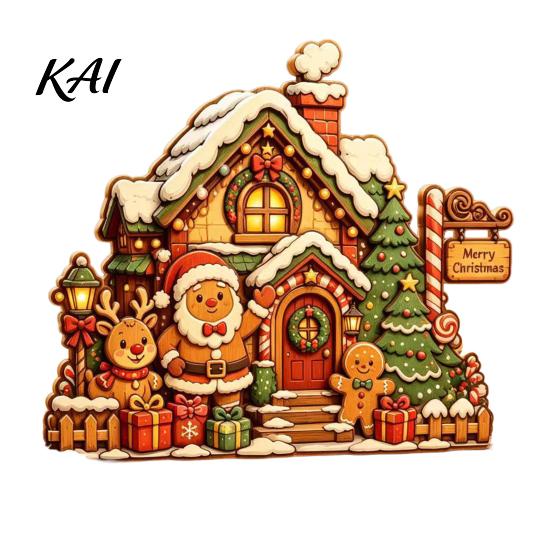 Rustic Winter Home Accents Christmas Wooden House Ornament, Santa Claus/Snowman/Elk Sleds/Winter Cabins Elk Sleigh Tabletop Decor Scene Figurines,