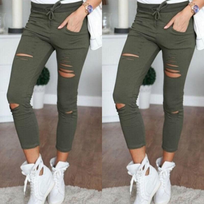 Dámské Skinny Džíny s Dírami Ležérní Strečové Slim Tužkové Legíny