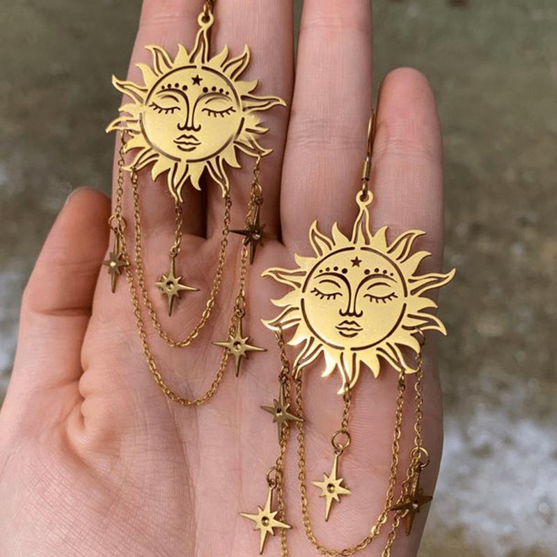 Boucles d'oreilles pendantes Bohèmes à la mode Étoile Soleil Lune Pour Femmes Fête Hippie Statement Longues Bijoux Minimalisme Cadeau Femme brown