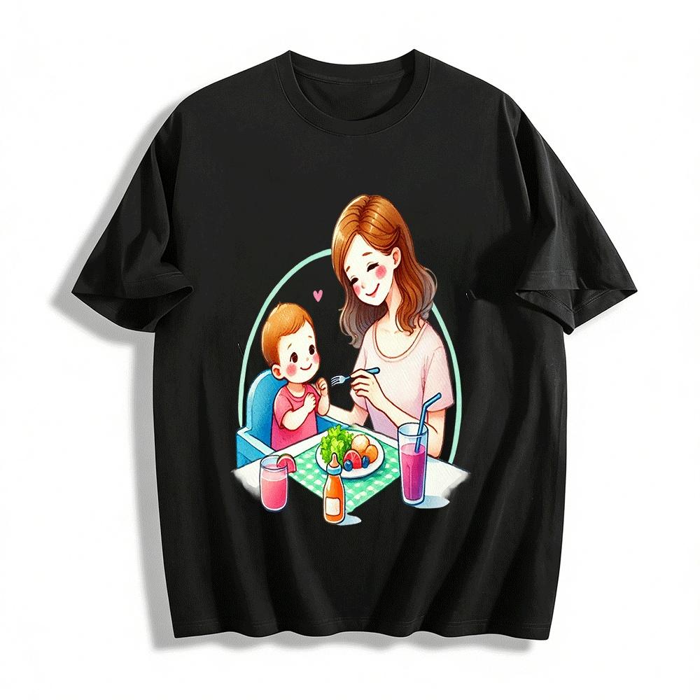 Warm Parent-child Feeding Print Top Mom And Baby Daily Themed Shirt Pure cotton T-shirt XXS