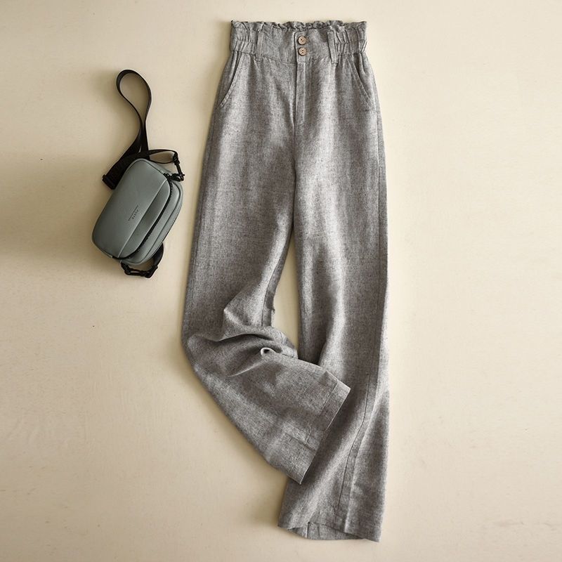 Wide-leg Pants Women's High-waist Drape Loose Casual Cotton and Linen Pants Bud Waist Linen Straight Trousers