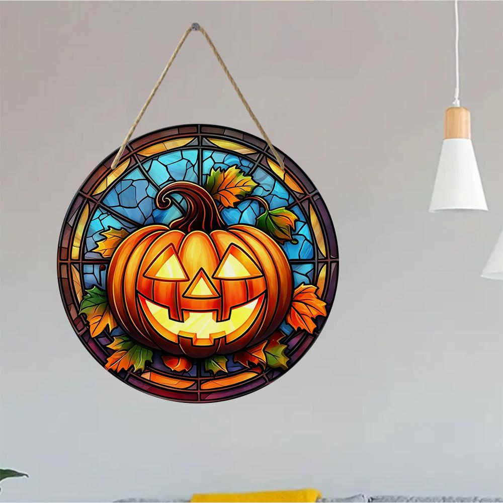 Stained Glass Style Pumpkin Autumn Harvest Round Wooden Hanging Plaque Indoor Outdoor Wall Decor Front Door Sign Home Festival Party Ornament