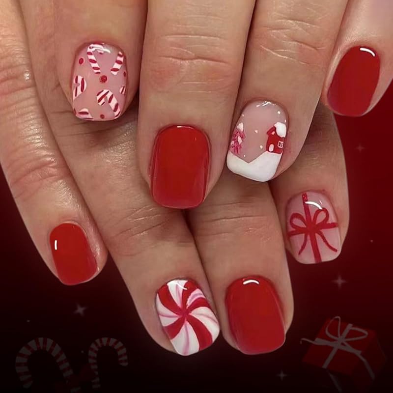 Christmas Press on Nails Medium Square Fake Nails Xmas Nails Press ons with Winterberry,Candy Cane,Snowflake,Santa Hat Design Reusable Artificial