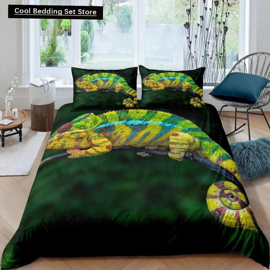 Kameleon Zestaw Poszwy na Kołdrę Motyw Dzikich Zwierząt 3D Zestaw Pościeli na Łóżko Pojedyncze Poszwa na Kołdrę Dzikiej Przyrody Chłopcy Zielony Liść Poliestrowa Poszwa na Kołdrę