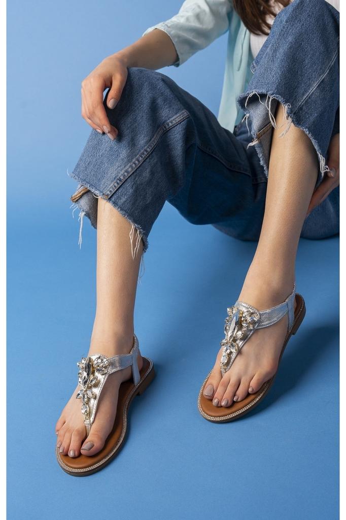 Women's Casual Sandals 6167 Stone Detailed Flip Flops Sandals