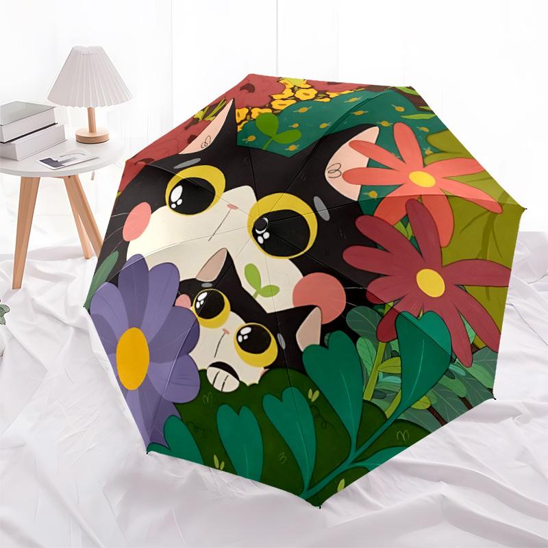 1pc Floral CatsAutomatic Folding Umbrella, Portable Collapsible Design, Casual Outdoor Accessory, for All Seasons 058