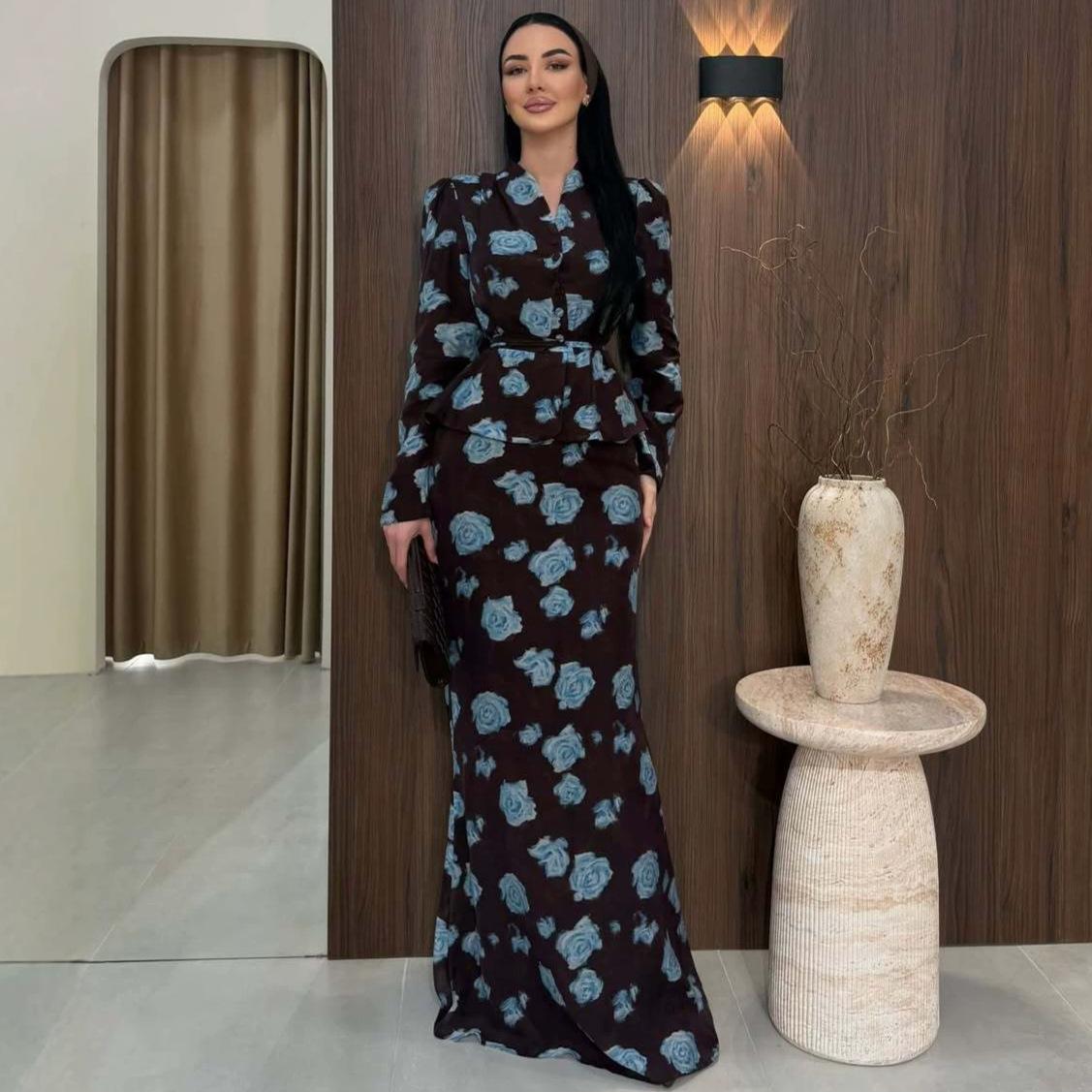 autumn new European and American Amazon cross-border V-neck floral ruffle edge top fishtail skirt set XS