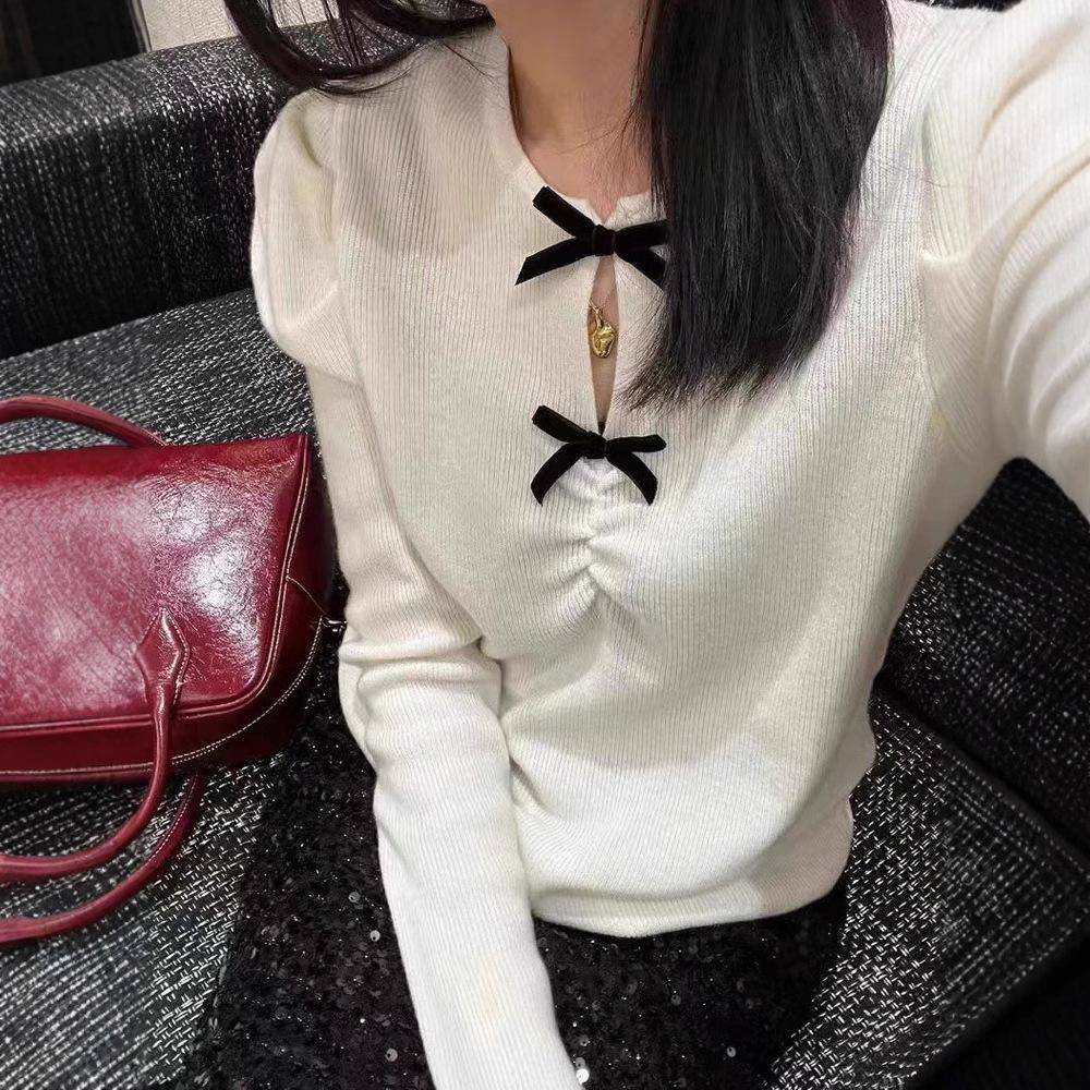 French High-grade Bow Knit Bottom Shirt Female New Autumn and Winter Temperament Students Long-sleeved Sweater Top
