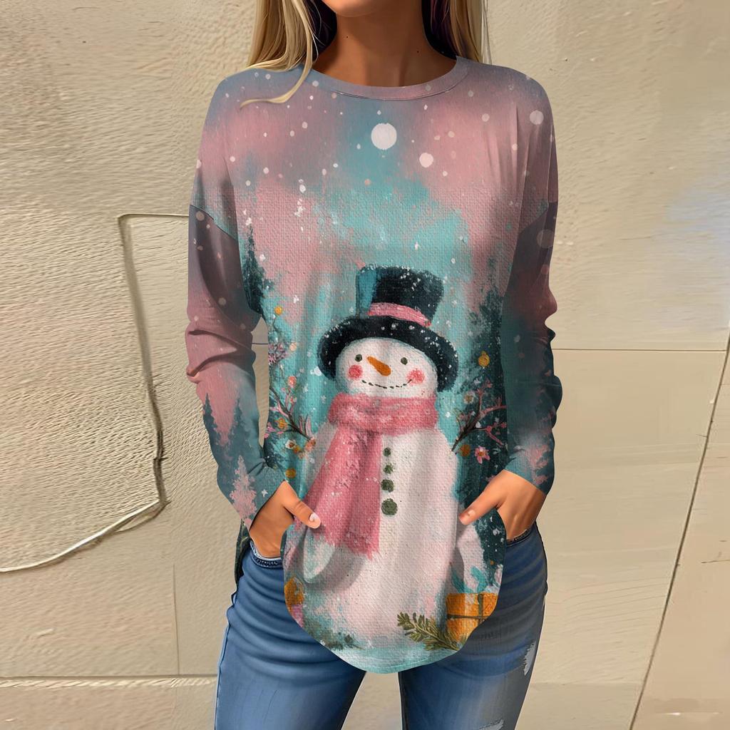 Tee Shirts For Women Casual Round Neck Long Sleeve Shirts Christmas Printing Top Pullover