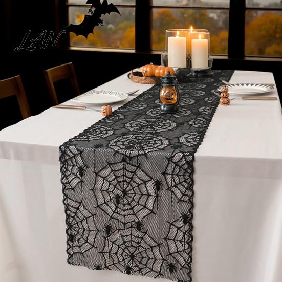 Gothic Spider Table Runner Cobweb Lace Runner, Black Web Covers for Parties Halloween Dining Table, Holiday Home Decor Vintage Overlay