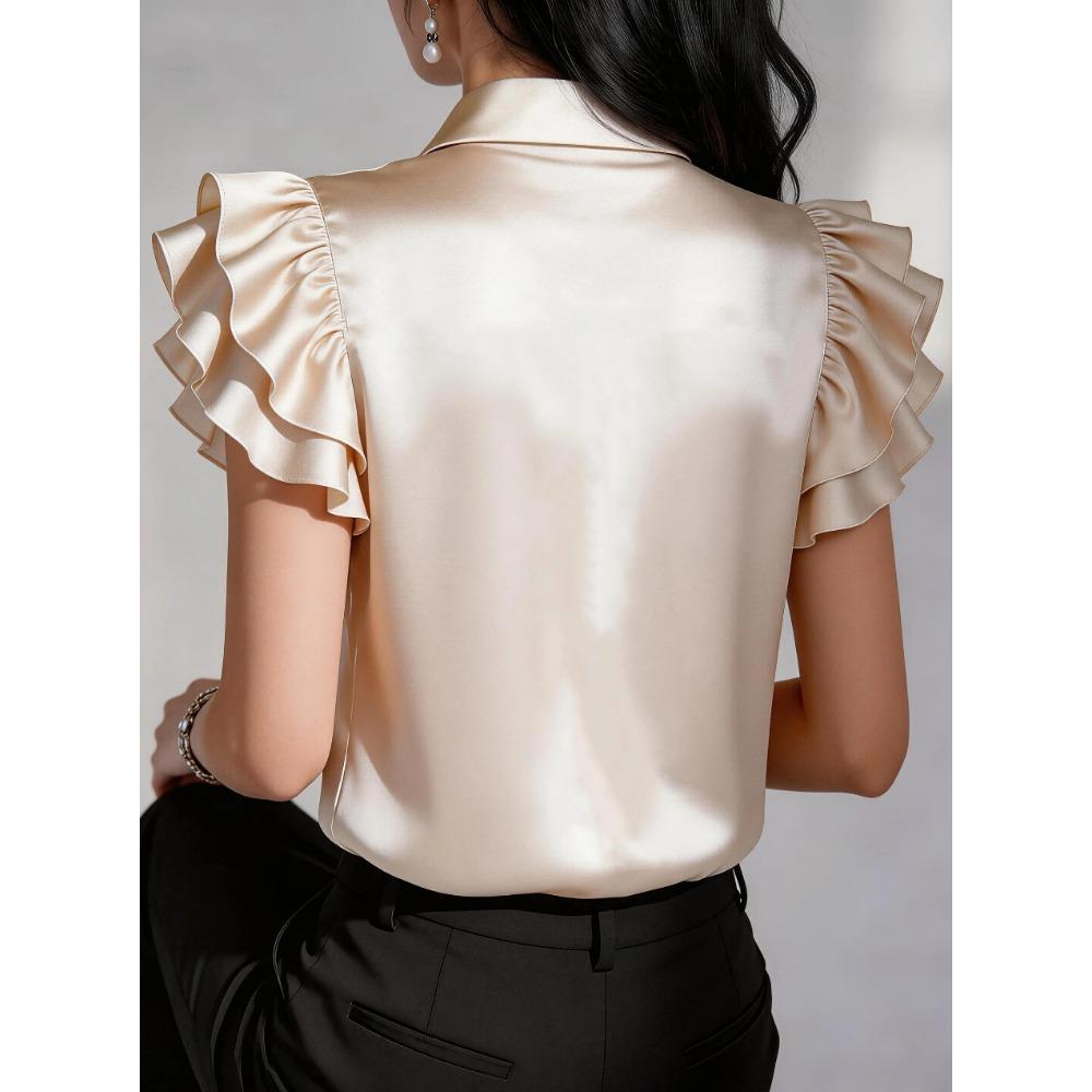 Summer new satin ruffle edge short-sleeved women's solid color casual shirt