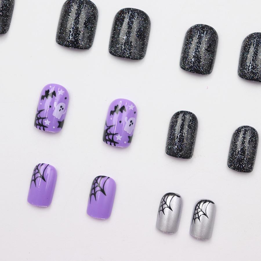 Sweet Purple Little Devil Halloween Press-on Nails with Glitter Silver Edges