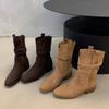 Mode-Stiefel mit eckiger Spitze im Retro-Stil, neue vielseitige gefaltete Stiefel mit dickem Absatz, kleine Herbst- und Winter-Mid-Tube-Stiefel, Damen-Pile 2025
