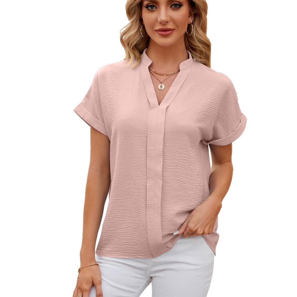 Spring Summer New Solid Color V-neck Short Sleeve Loose Casual Chiffon Blouse For Cross-border Women