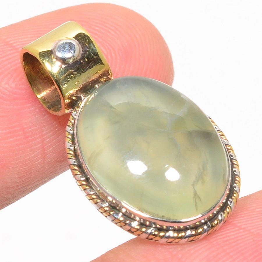 Natürlicher Prehnit Edelstein Zweifarbig 925 Massiv Sterling Silber Anhänger 1.50" Q4g23